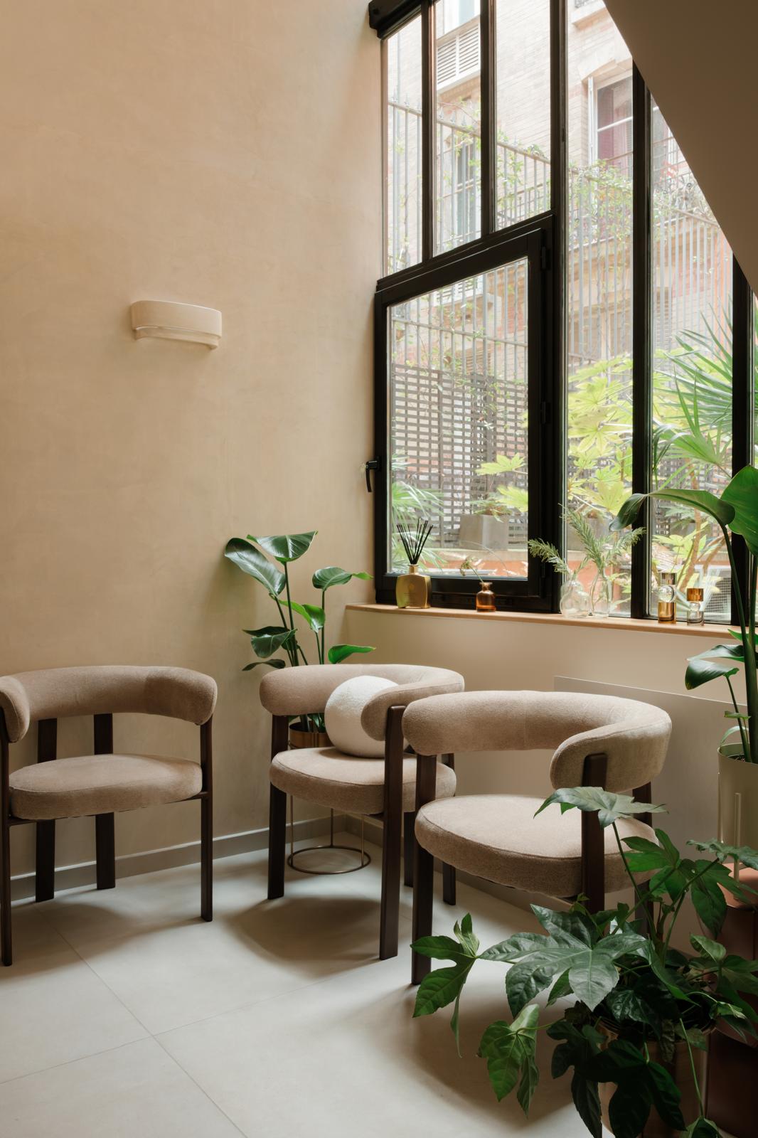 La salle d’attente du centre Cardio Check-Up : fauteuils clairs, plantes et lumière naturelle