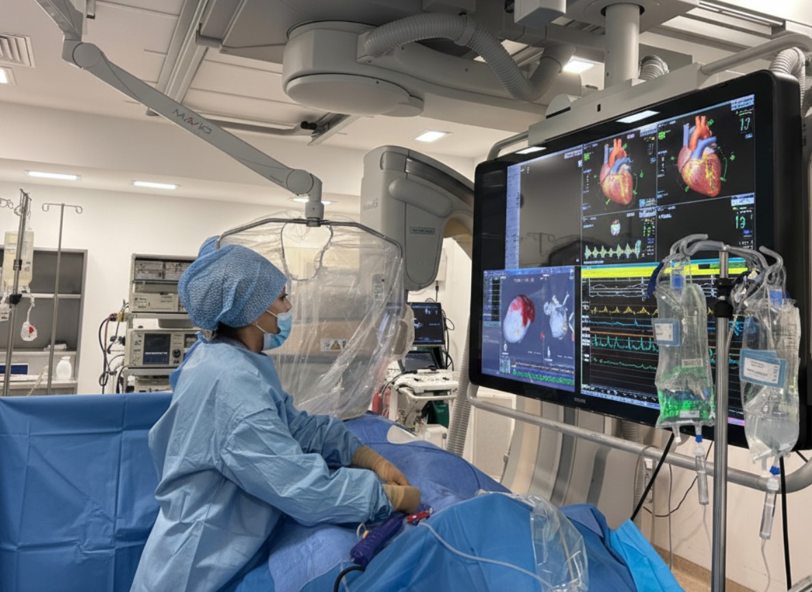 La Dr Sana Amraoui en salle d’électrophysiologie, devant l’écran de cartographie 3D du cœur